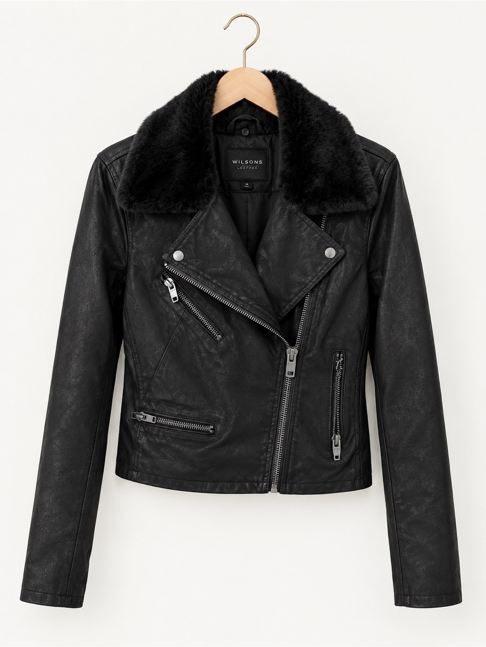 Blank NYC Night Fever Faux Leather Moto Jacket Fur Collar S